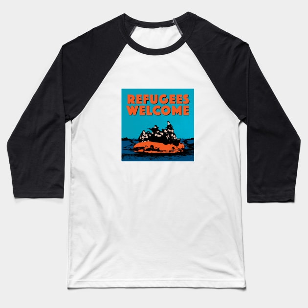 REFUGEES WELCOME - COLOURFUL ILLUSTRATION SHOWING REFUGEES ON A SMALL BOAT Baseball T-Shirt by CliffordHayes